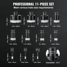 VEVOR Diamond Core Drill Bit Set, 11 PCS 6/8/10/20/25/28/32/35/45/50/65mm Diamond Hole Saw Kit, with M14 Connector and Storage Case for Dry and Wet, Diamond Drill Bits for Tile Ceramic
