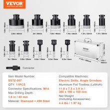 VEVOR Diamond Core Drill Bit Set, 11 PCS 6/8/10/20/25/28/32/35/45/50/65mm Diamond Hole Saw Kit, with M14 Connector and Storage Case for Dry and Wet, Diamond Drill Bits for Tile Ceramic