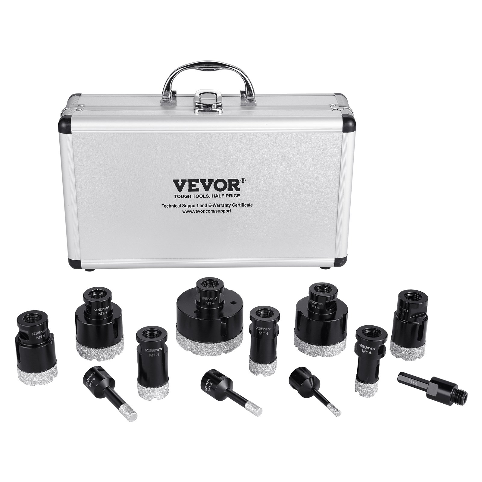 VEVOR Diamond Core Drill Bit Set, 11 PCS 6/8/10/20/25/28/32/35/45/50/65mm Diamond Hole Saw Kit, with M14 Connector and Storage Case for Dry and Wet, Diamond Drill Bits for Tile Ceramic