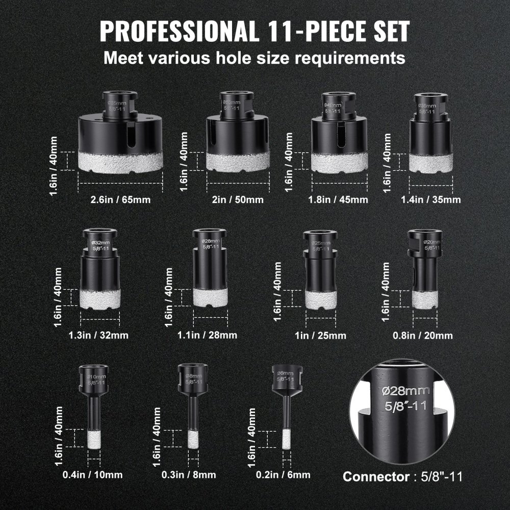 VEVOR Diamond Core Drill Bit Set, 11 PCS 6/8/10/20/25/28/32/35/45/50/65mm Diamond Hole Saw Kit, with 5/8"-11 Connector and Storage Case for Dry and Wet, Diamond Drill Bits for Tile Ceramic