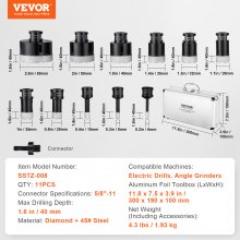 VEVOR Diamond Core Drill Bit Set, 11 PCS 6/8/10/20/25/28/32/35/45/50/65mm Diamond Hole Saw Kit, with 5/8"-11 Connector and Storage Case for Dry and Wet, Diamond Drill Bits for Tile Ceramic