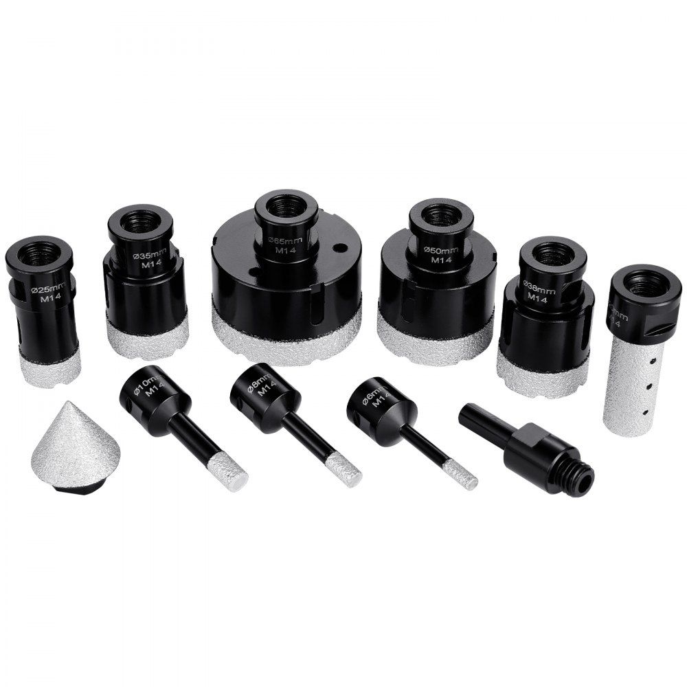 VEVOR Diamond Core Drill Bit Set, 8 PCS 6/8/10/25/35/38/50/65mm Diamond Hole Saw Kit, with Finger Milling Bit Cone Bit Saw Blade and Storage Case for Dry and Wet, Diamond Drill Bits for Tile Ceramic