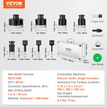 VEVOR Diamond Core Drill Bit Set, 8 PCS 6/8/10/25/35/38/50/65mm Diamond Hole Saw Kit, with Finger Milling Bit Cone Bit Saw Blade and Storage Case for Dry and Wet, Diamond Drill Bits for Tile Ceramic