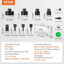 VEVOR Diamond Core Drill Bit Set, 8 PCS 6/8/10/25/35/38/50/65mm Diamond Hole Saw Kit, with Finger Milling Bit Cone Bit Saw Blade and Storage Case for Dry and Wet, Diamond Drill Bits for Tile Ceramic