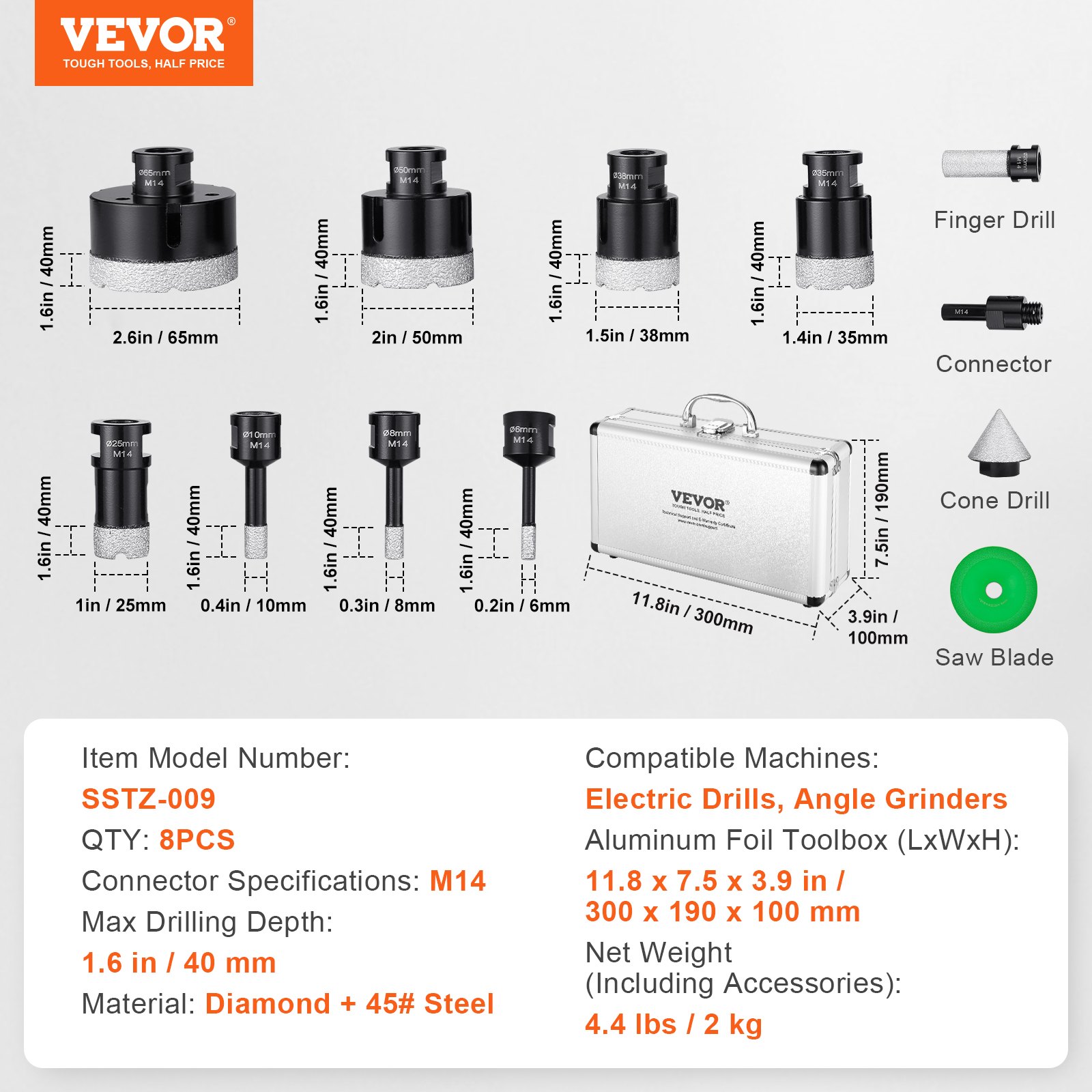 VEVOR Diamond Core Drill Bit Set, 8 PCS 6/8/10/25/35/38/50/65mm Diamond Hole Saw Kit, with Finger Milling Bit Cone Bit Saw Blade and Storage Case for Dry and Wet, Diamond Drill Bits for Tile Ceramic