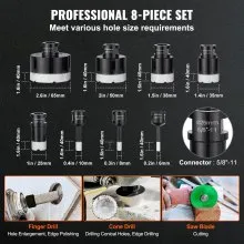 VEVOR Diamond Core Drill Bit Set, 8 PCS 6/8/10/25/35/38/50/65mm Diamond Hole Saw Kit, with Finger Milling Bit Cone Bit Saw Blade and Storage Case, for Dry and Wet, Diamond Drill Bits for Ceramic Tile
