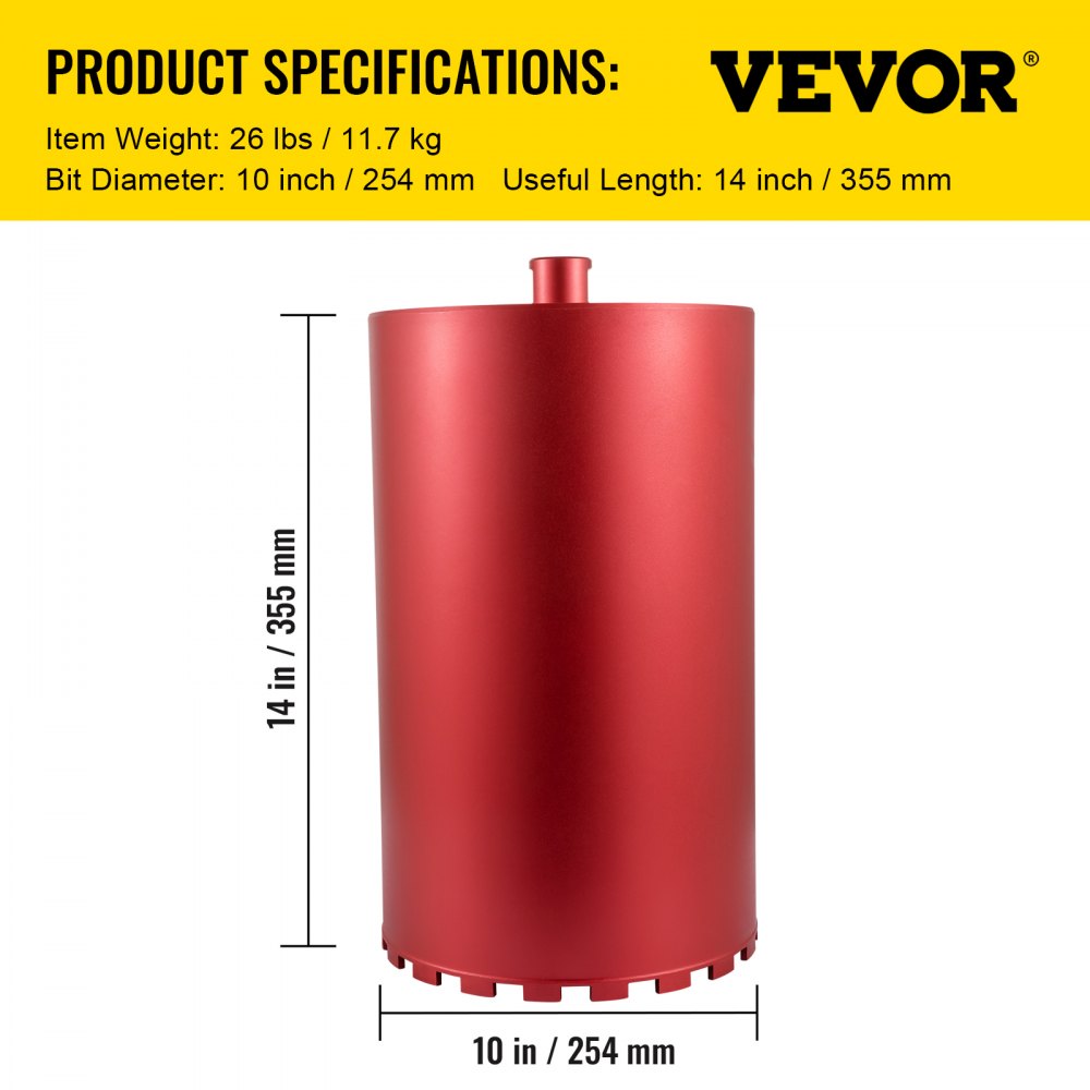 vivid red 14-inch VEVOR diamond core drill bit, 10-inch diameter, 26 lbs, product specs.