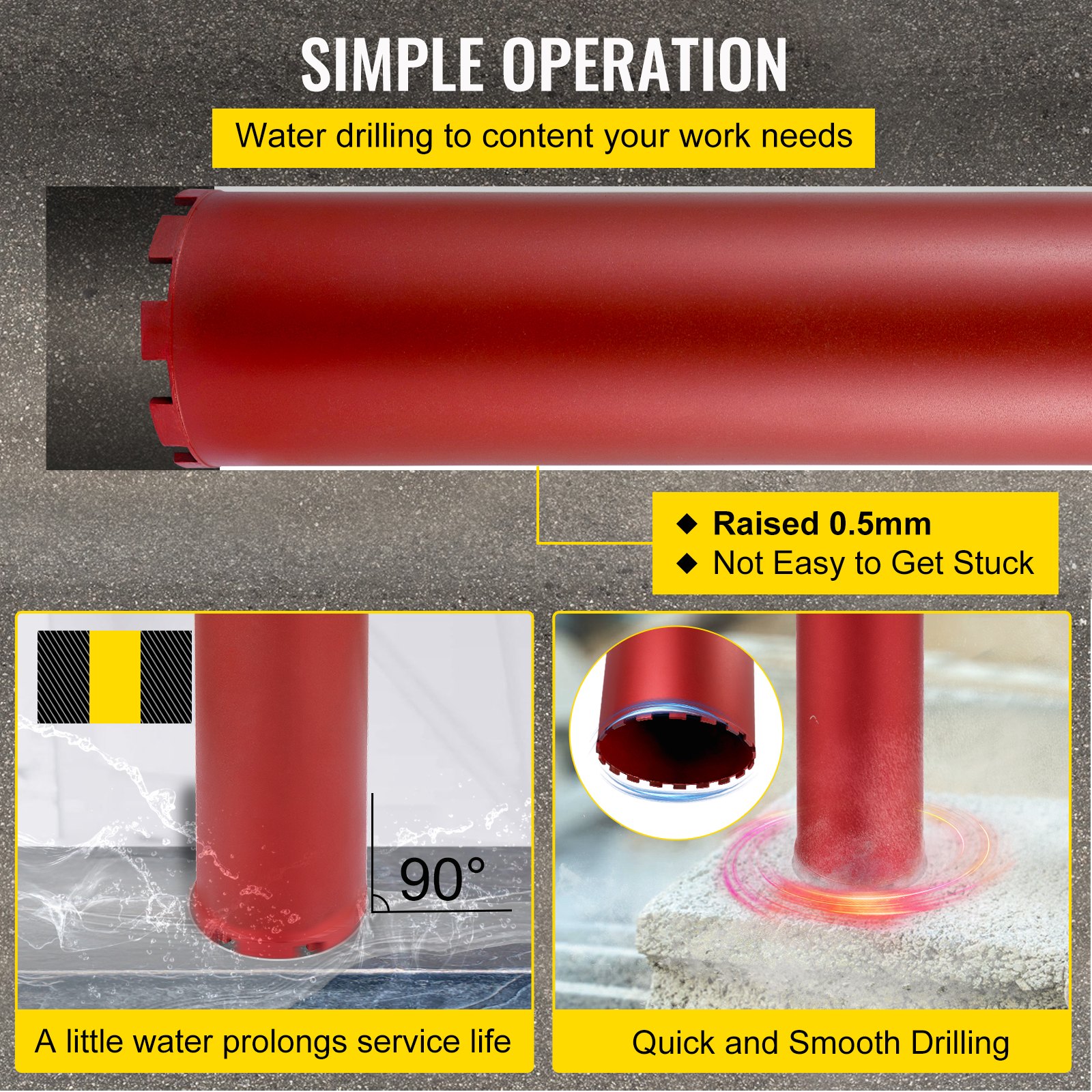 VEVOR diamond core drill bit for smooth water drilling, raised 0.5mm, 90° angle.
