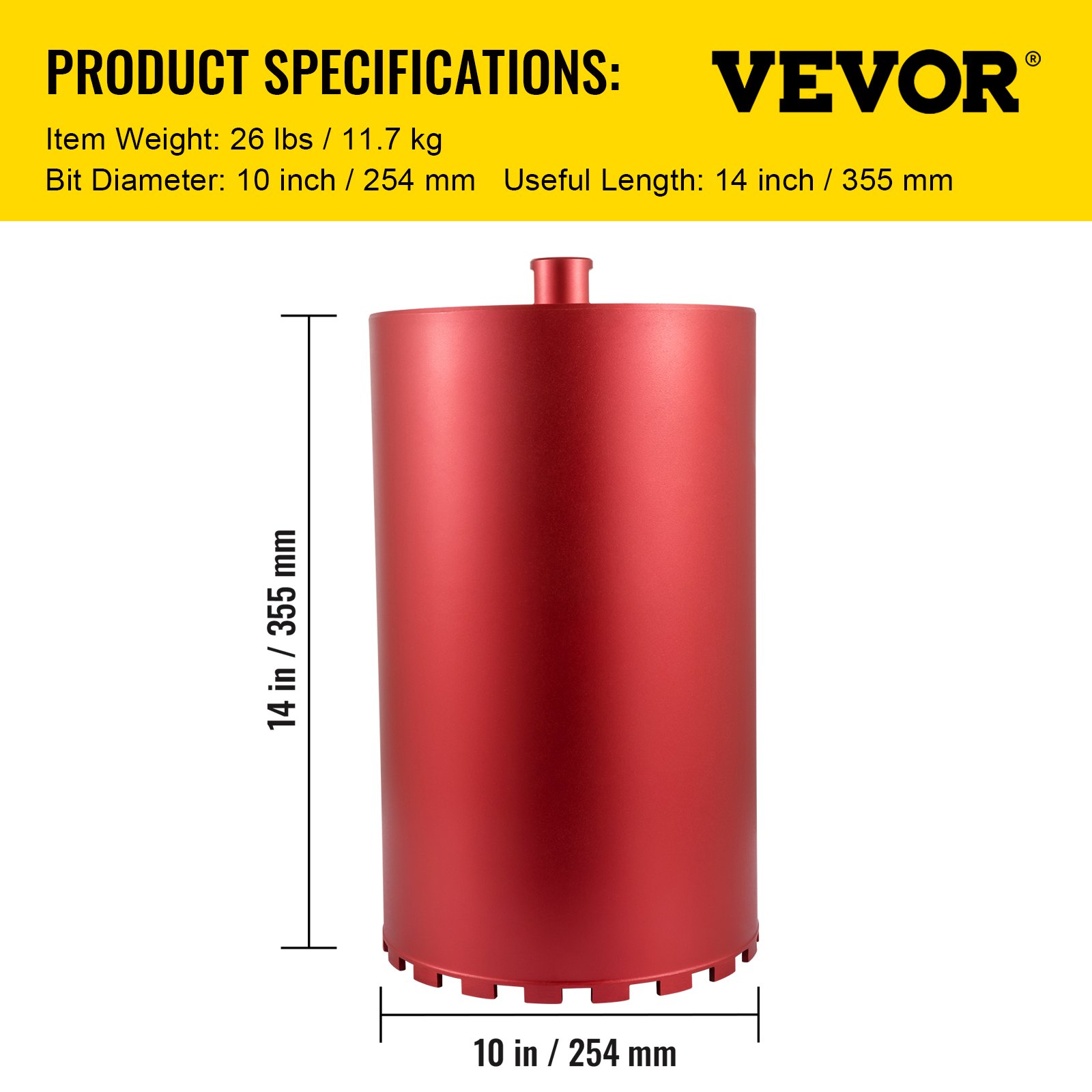 vivid red 14-inch VEVOR diamond core drill bit, 10-inch diameter, 26 lbs, product specs.