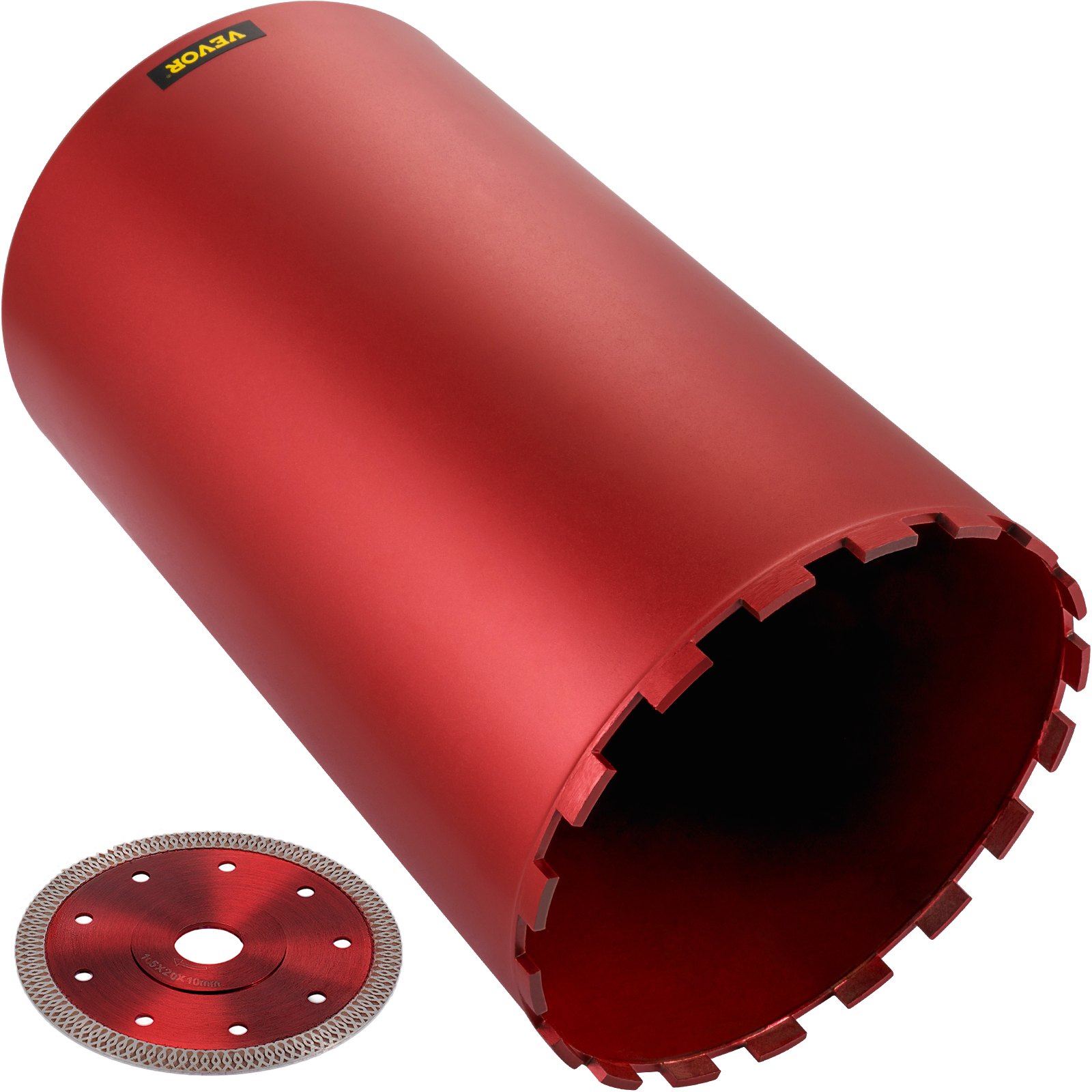 red VEVOR diamond core drill bit with a separate circular blade attachment.