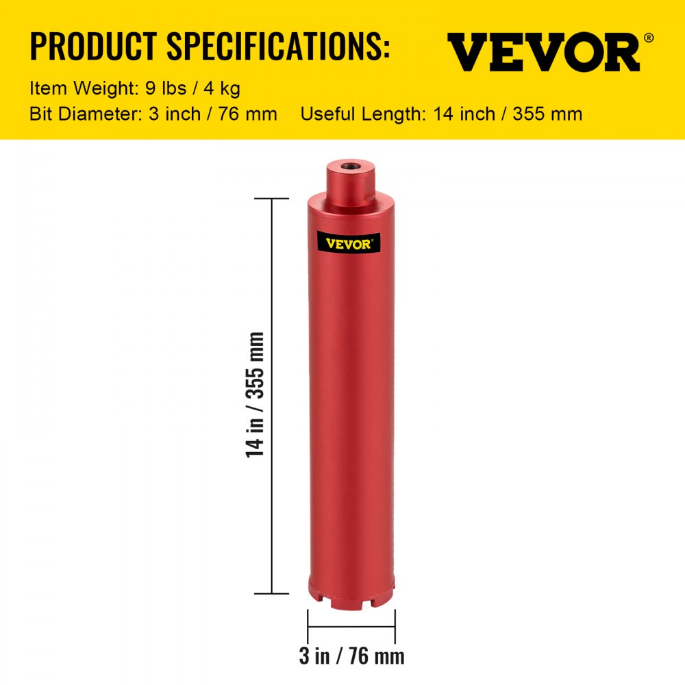 VEVOR Diamond Core Drill, 3"/ 76 mm Diameter Core Drill Bit, 14"/ 355 mm Concrete Core Drill Bit, 5/8"-11 Thread Core Bit, Wet Drill Core Bits w/a Blade, Diamond Wet Coring Bit for Concrete Brick