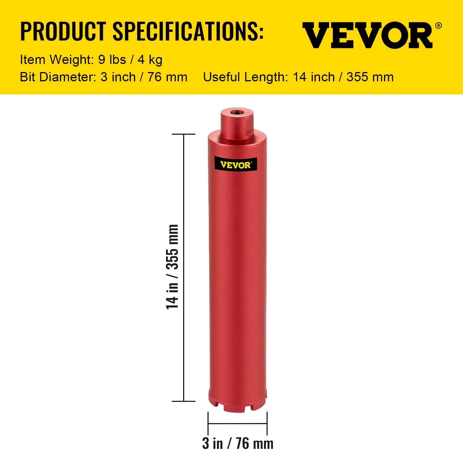 VEVOR Wet Diamond Core Drill 3"/76mm Dia. Hole Cutter for Concrete Masonry Brick