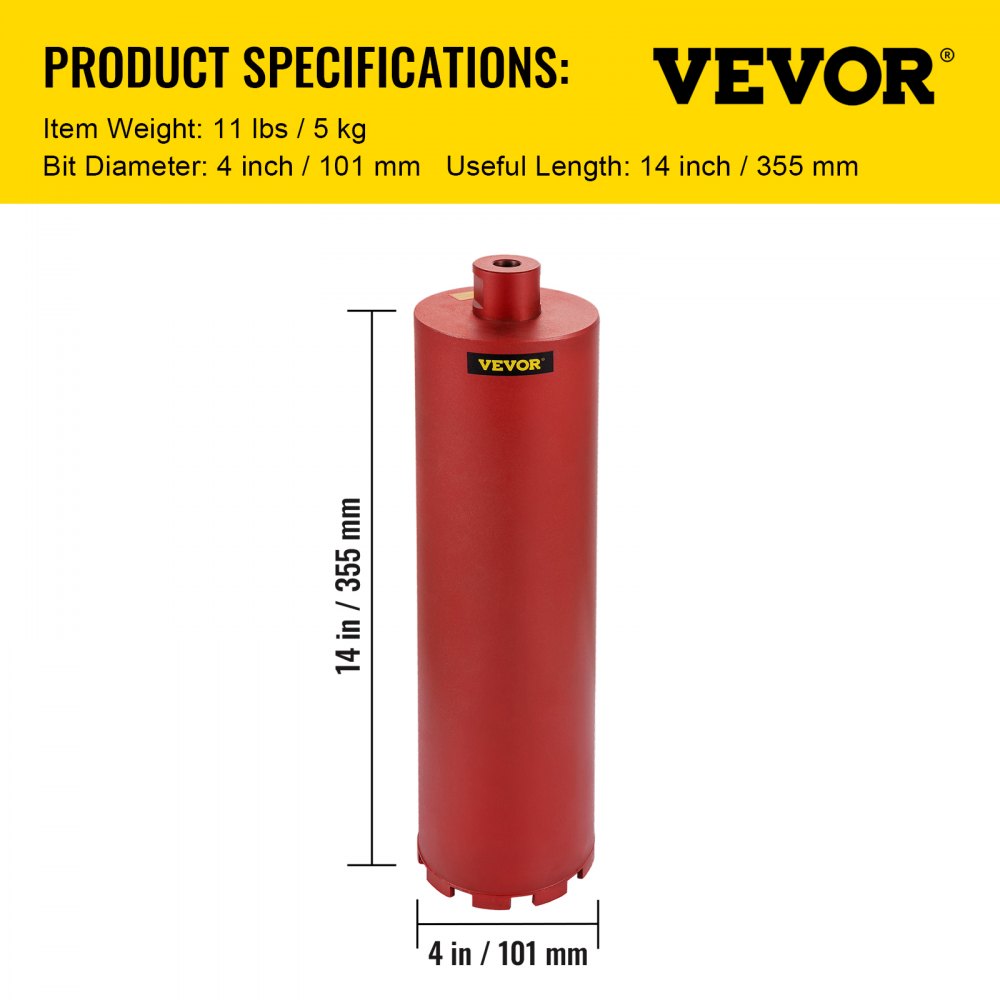 VEVOR Diamond Core Drill, 4"/101mm Diameter Core Drill Bit, 14"/355mm Concrete Core Drill Bit, 5/8"-11 Thread Core Bit, Dry/Wet Drill Core Bits with a Blade, Diamond Wet Coring Bit For Concrete Brick
