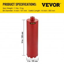 VEVOR Diamond Core Drill, 4"/101mm Diameter Core Drill Bit, 14"/355mm Concrete Core Drill Bit, 5/8"-11 Thread Core Bit, Dry/Wet Drill Core Bits w/ a Blade, Diamond Wet Coring Bit For Concrete Brick