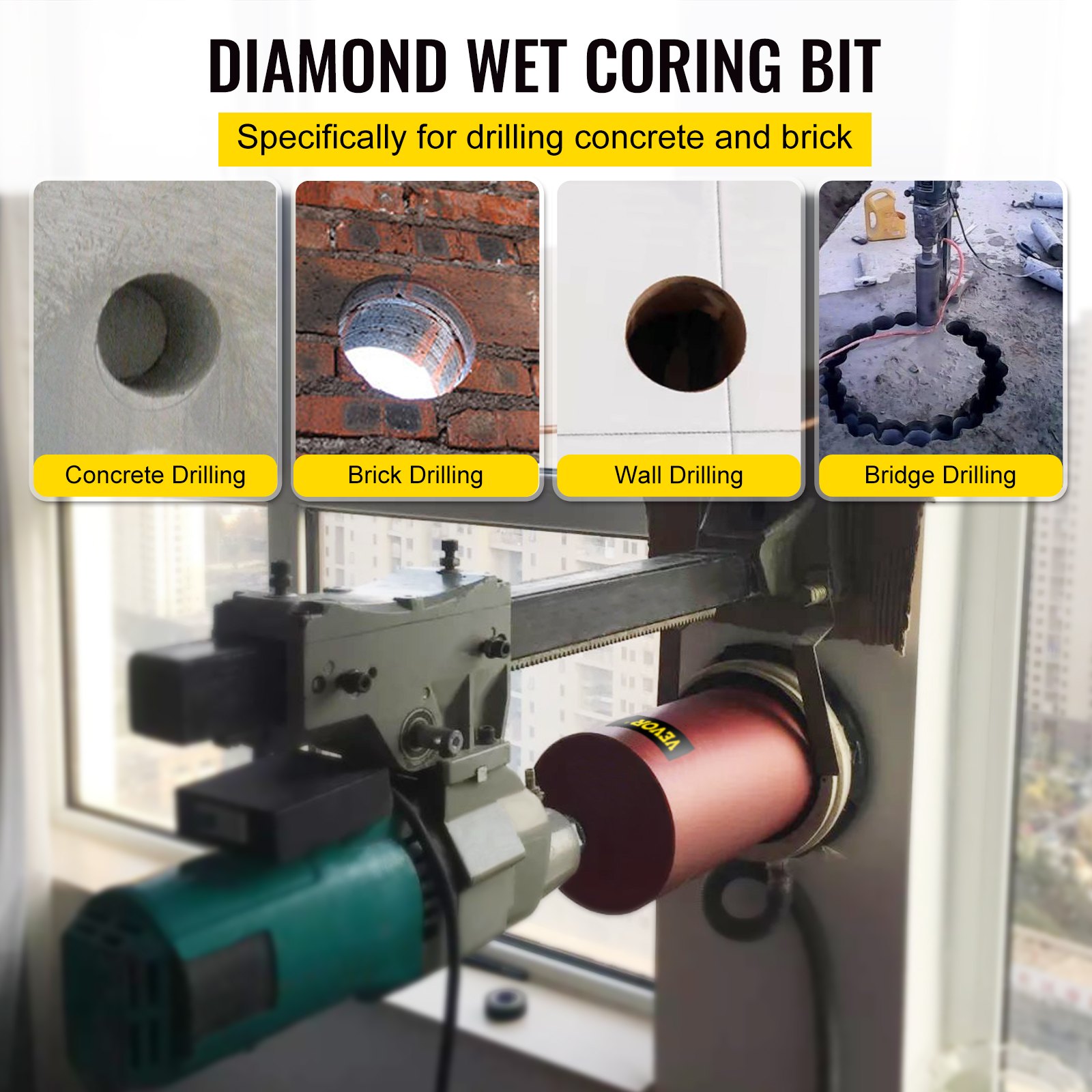 VEVOR Diamond Core Drill, 4"/101mm Diameter Core Drill Bit, 14"/355mm Concrete Core Drill Bit, 5/8"-11 Thread Core Bit, Dry/Wet Drill Core Bits with a Blade, Diamond Wet Coring Bit For Concrete Brick