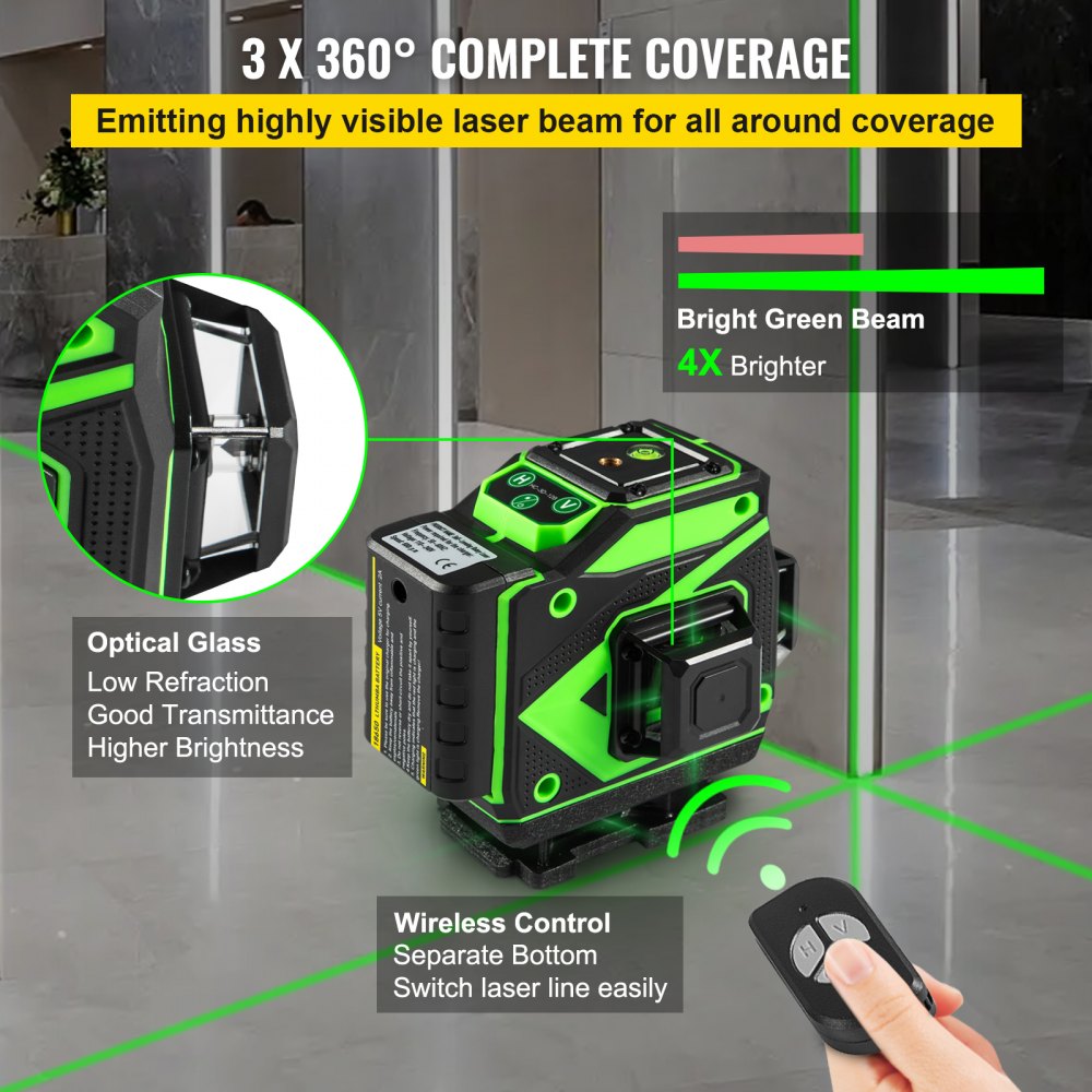 VEVOR Cross Line Laser Level, 3 x 360° Three Plane Switchable Lines, 131FT Green Beam, Self Leveling & Tilt Leveling Laser Level, 360° Magnetic Base & Mini Jack Stand Included, for Home Decoration