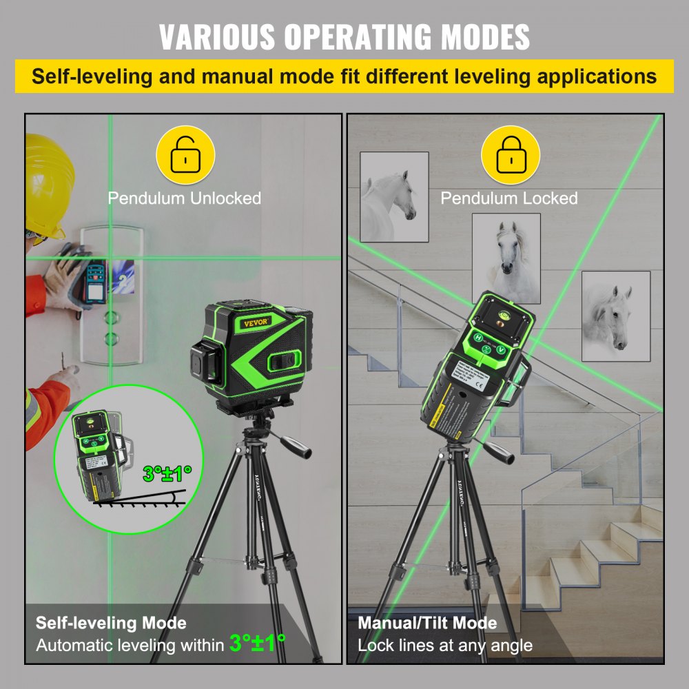 VEVOR Cross Line Laser Level, 3 x 360° Three Plane Switchable Lines, 131FT Green Beam, Self Leveling & Tilt Leveling Laser Level, 360° Magnetic Base & Mini Jack Stand Included, for Home Decoration
