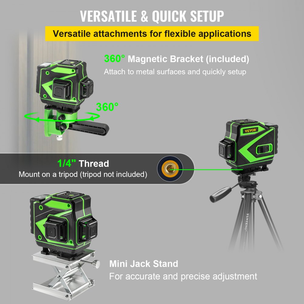 VEVOR Cross Line Laser Level, 3 x 360° Three Plane Switchable Lines, 131FT Green Beam, Self Leveling & Tilt Leveling Laser Level, 360° Magnetic Base & Mini Jack Stand Included, for Home Decoration
