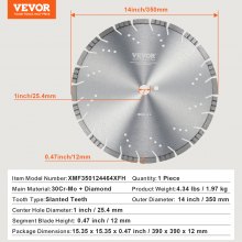 VEVOR Diamond Blade 14inch Concrete Saw Blade Wet or Dry 0.47inch Slanted Teeth