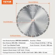 VEVOR Diamond Blade 14inch Concrete Saw Blade Wet or Dry 0.47inch Slanted Teeth