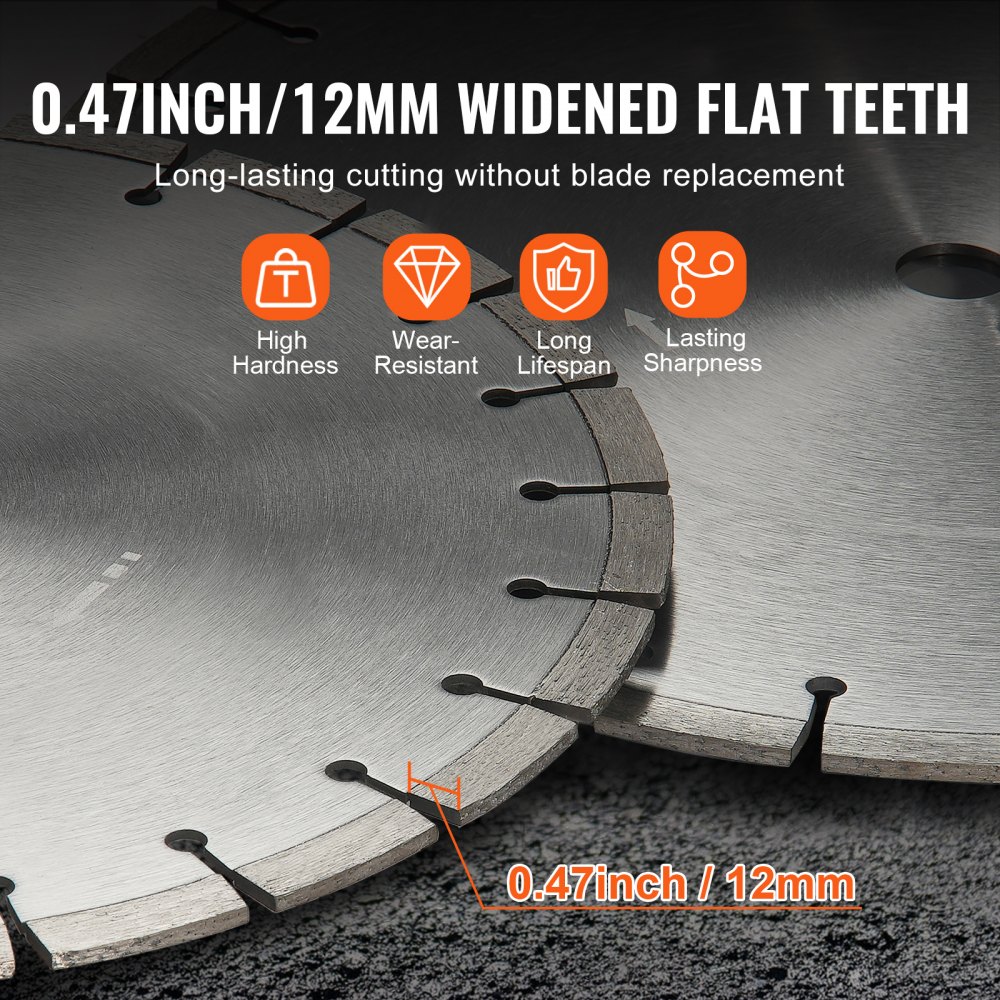 VEVOR Diamond Blade, 16inch/400mm Concrete Saw Blade Wet or Dry, 0.47inch/12mm Flat Teeth Diamond Segment Blade, Universal 1 inch/25.4 mm Center Hole Diameter, for Concrete Cement Board Tile Brick