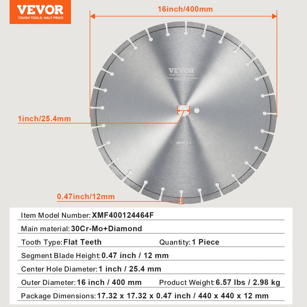 VEVOR Diamond Blade, 16inch/400mm Concrete Saw Blade Wet or Dry, 0.47inch/12mm Flat Teeth Diamond Segment Blade, Universal 1 inch/25.4 mm Center Hole Diameter, for Concrete Cement Board Tile Brick