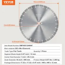VEVOR Diamond Blade 16inch Concrete Saw Blade Wet or Dry 0.47inch Flat Teeth