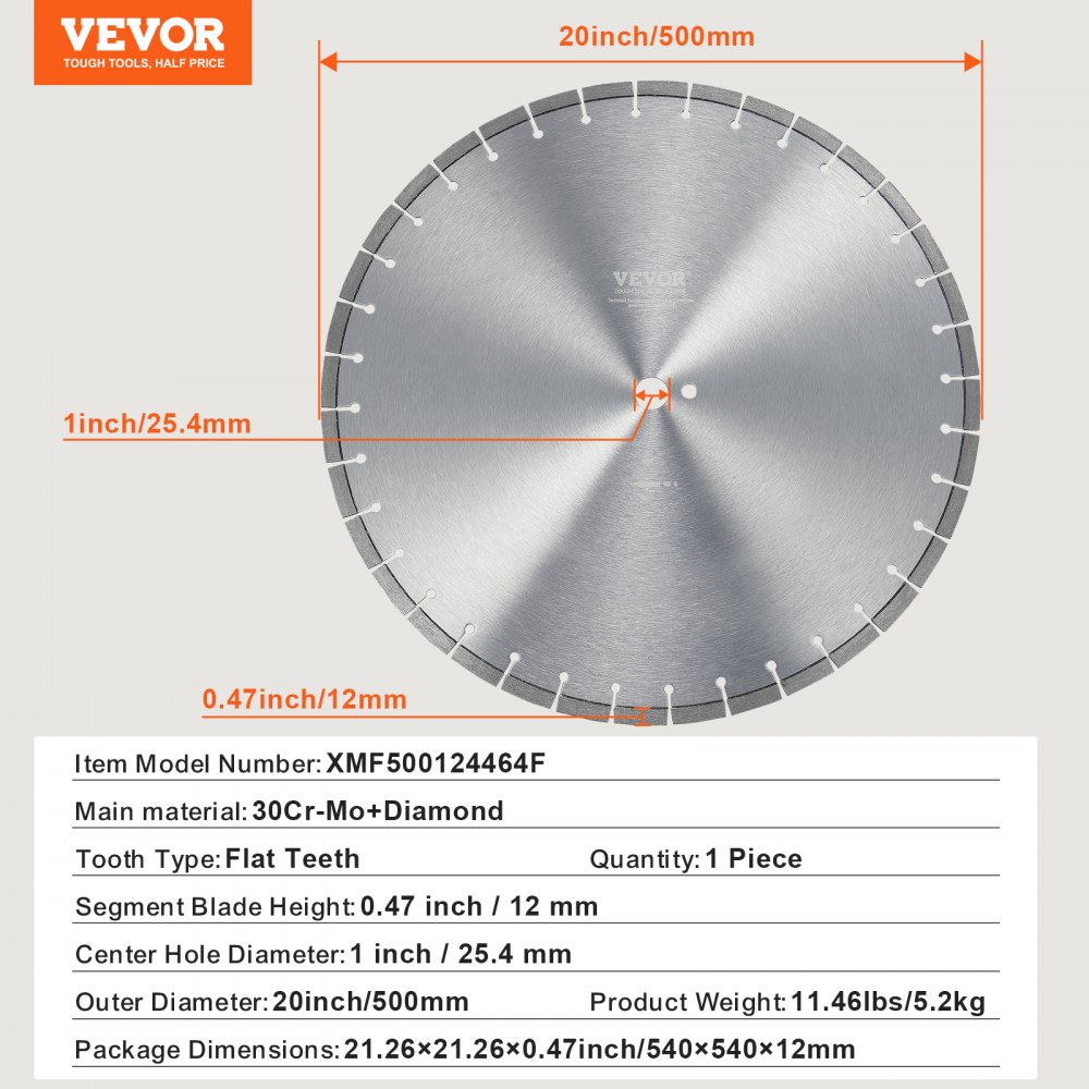VEVOR Diamond Blade, 20inch/500mm Concrete Saw Blade Wet or Dry, 0.47inch/12mm Flat Teeth Diamond Segment Blade, Universal 1 inch/25.4 mm Center Hole Diameter, for Concrete Cement Board Tile Brick