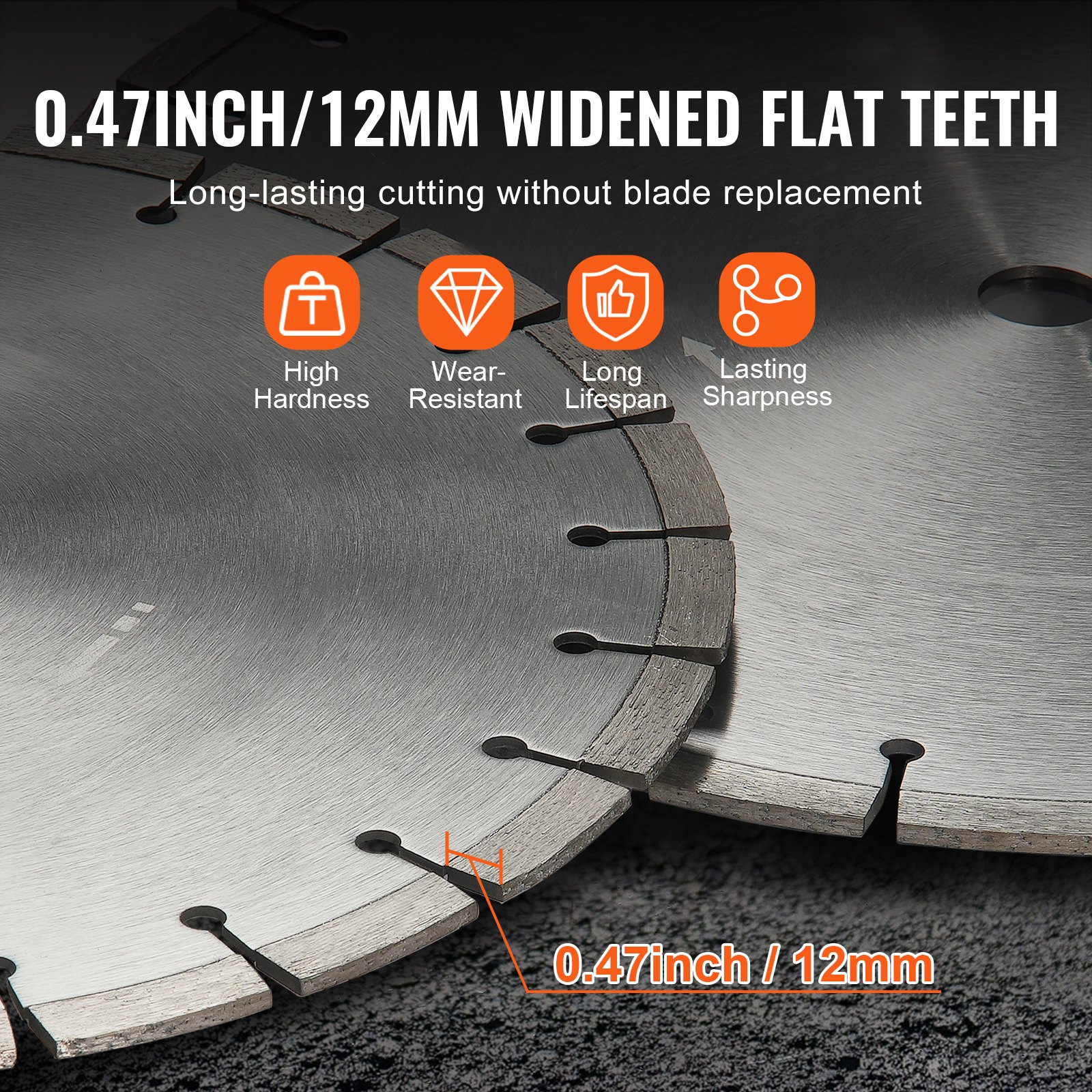 VEVOR Diamond Blade, 20inch/500mm Concrete Saw Blade Wet or Dry, 0.47inch/12mm Flat Teeth Diamond Segment Blade, Universal 1 inch/25.4 mm Center Hole Diameter, for Concrete Cement Board Tile Brick