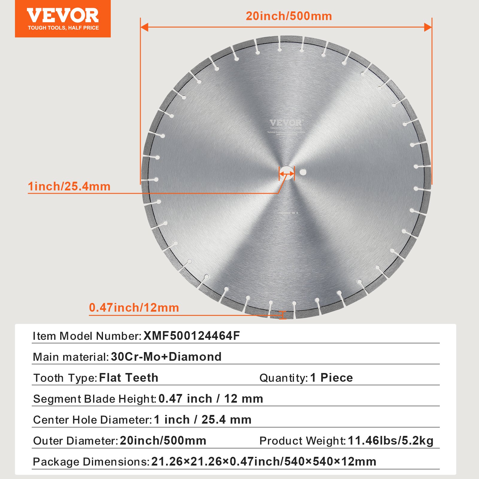 VEVOR Diamond Blade, 20inch/500mm Concrete Saw Blade Wet or Dry, 0.47inch/12mm Flat Teeth Diamond Segment Blade, Universal 1 inch/25.4 mm Center Hole Diameter, for Concrete Cement Board Tile Brick