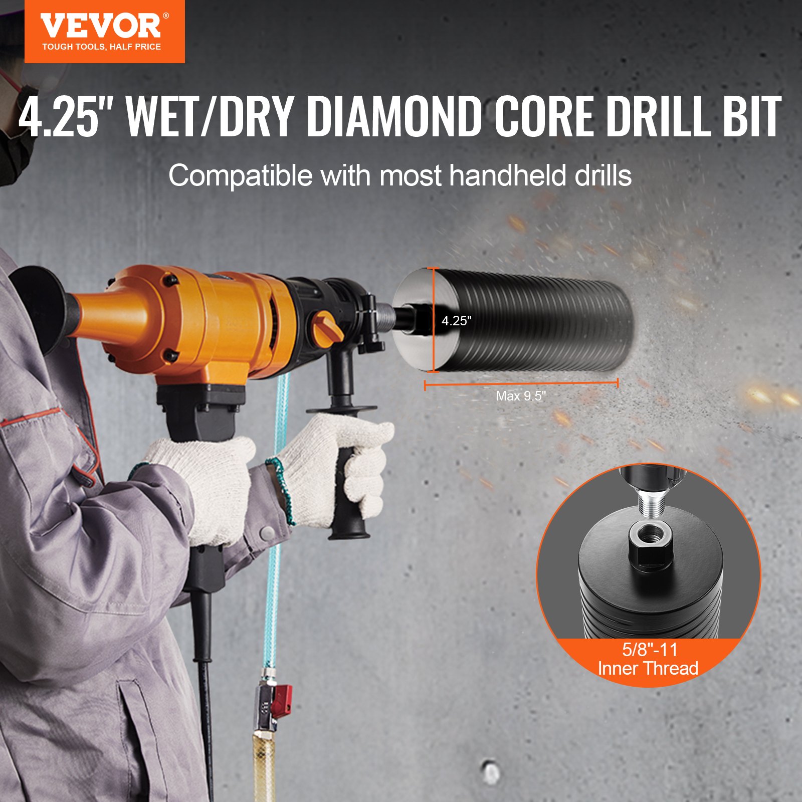 VEVOR diamond core drill bit in action with handheld drill, highlighting 4.25&quot; diameter and 9.5&quot; depth.