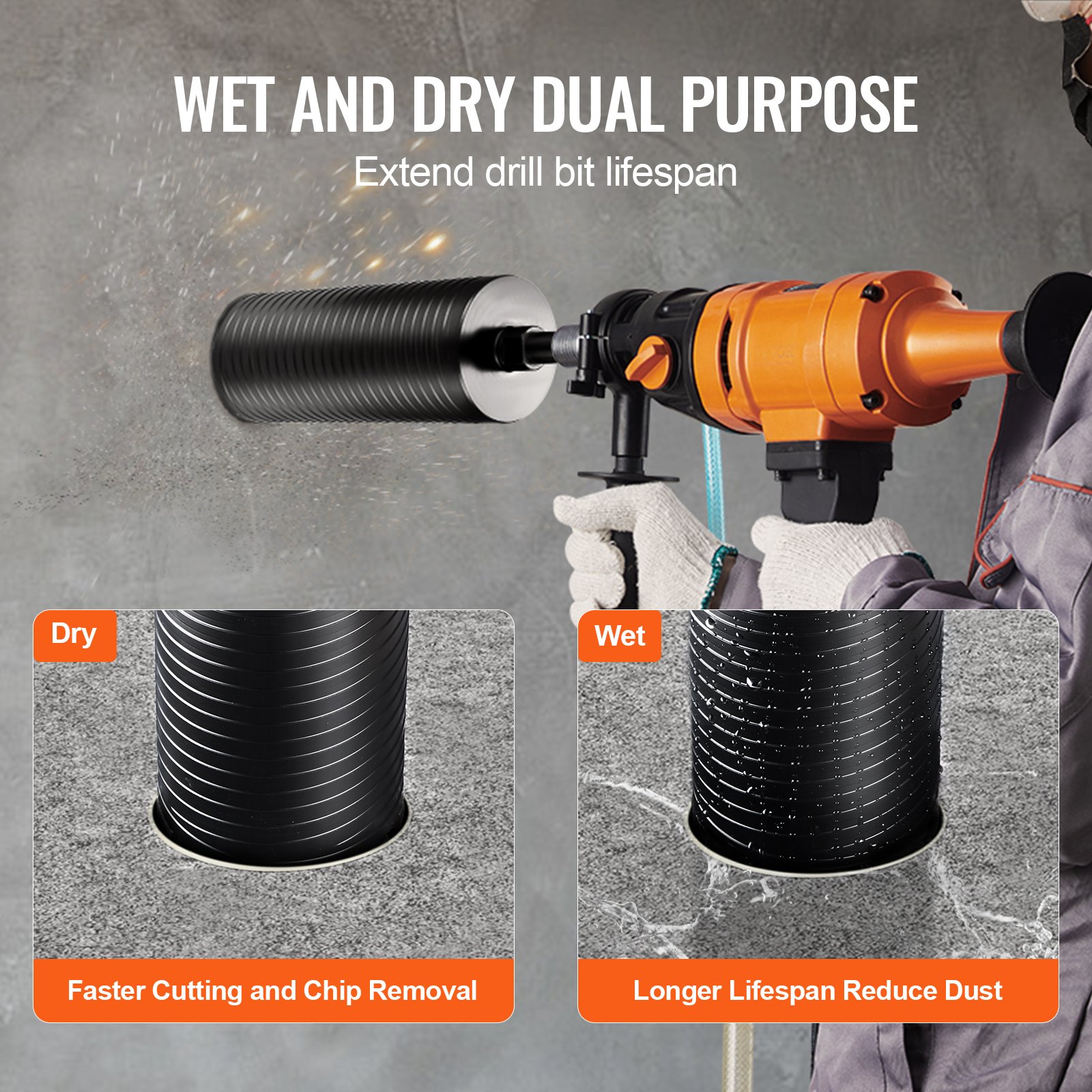 wet and dry dual-purpose VEVOR diamond core drill bit for cutting, chip removal, and extended lifespan.