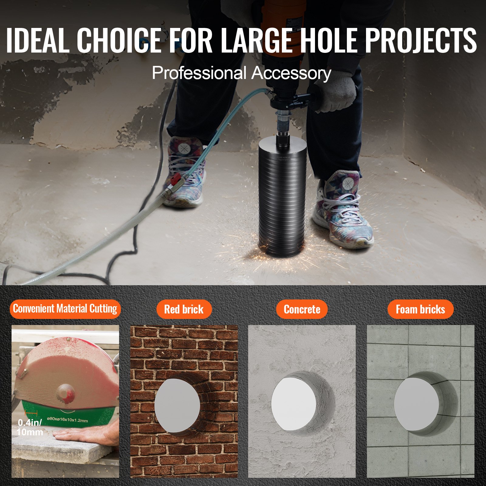 VEVOR diamond core drill bit in action with examples of drilled materials: red brick, concrete, and foam bricks.