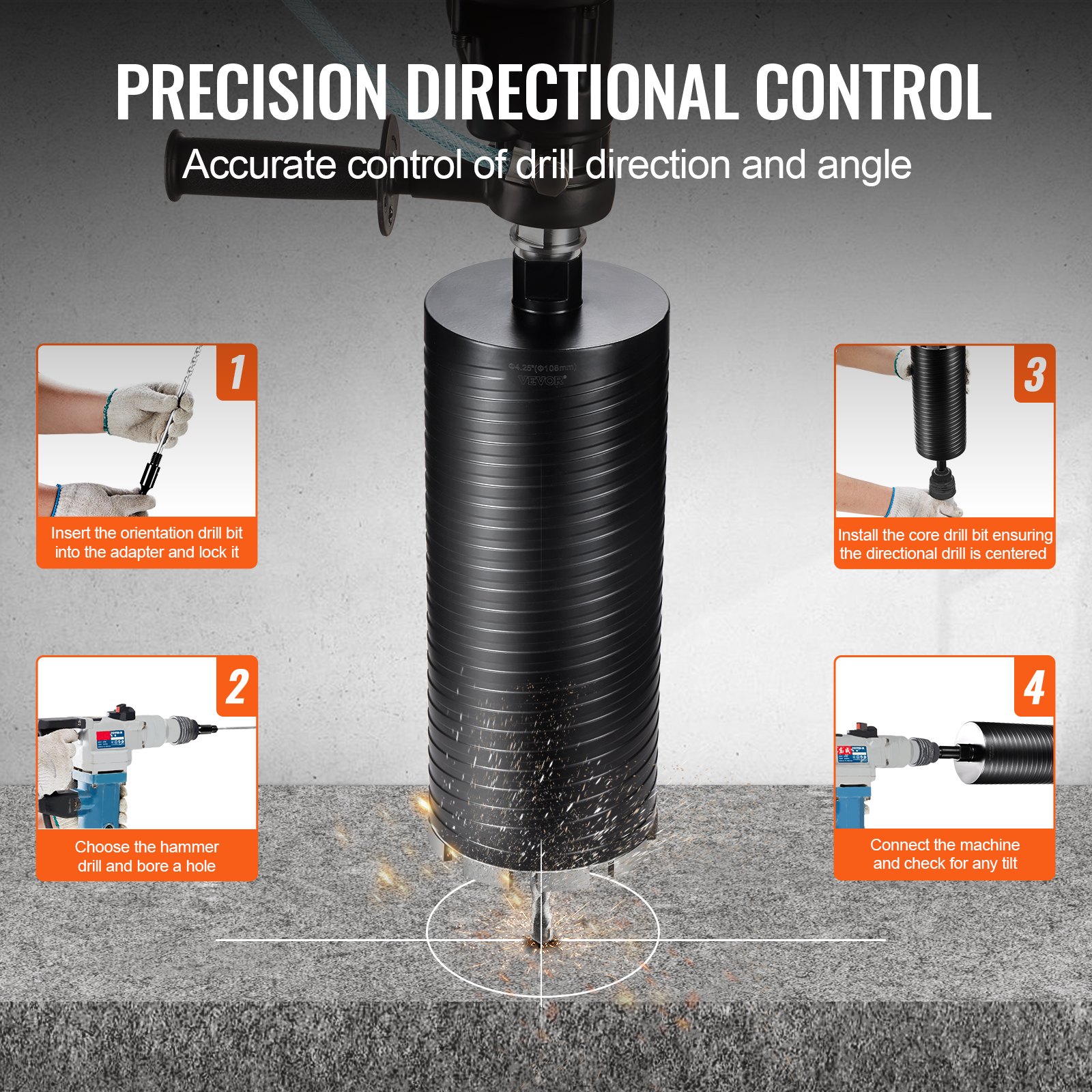 VEVOR diamond core drill bit demonstrating precision directional control with labeled steps for use.