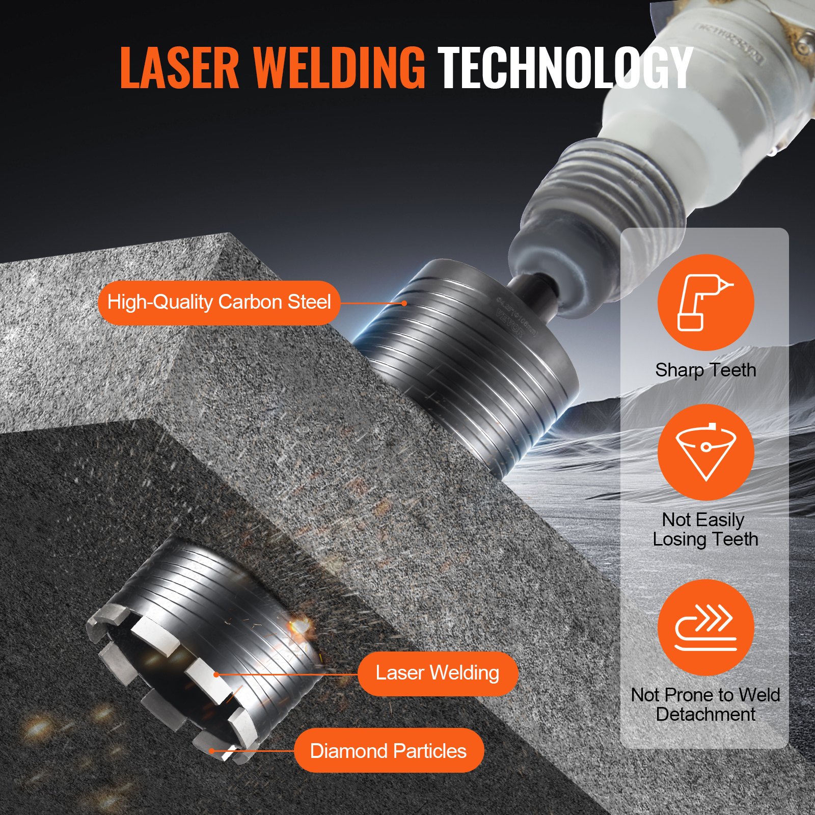 VEVOR diamond core drill bit featuring laser welding technology, sharp teeth, and high-quality carbon steel.