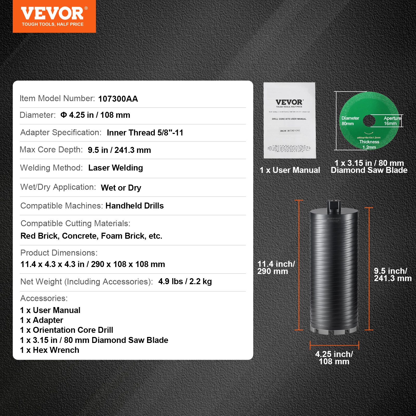 VEVOR diamond core drill bit, 4.25 in diameter, 9.5 in max core depth, with user manual and accessories.