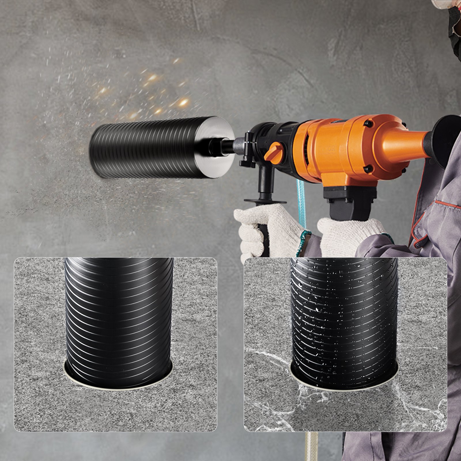 worker using VEVOR diamond core drill bit on concrete wall with detailed drill bit close-ups.