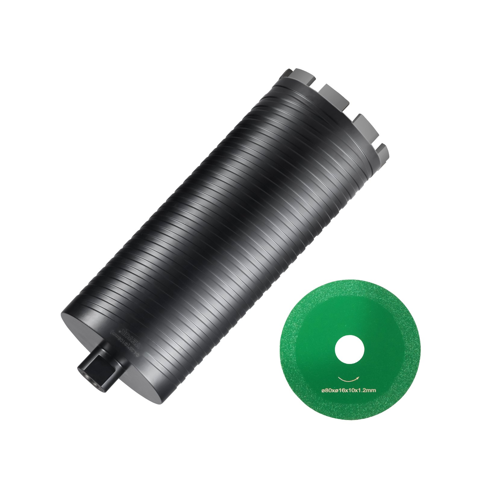 VEVOR diamond core drill bit and green cutting disc on white background.