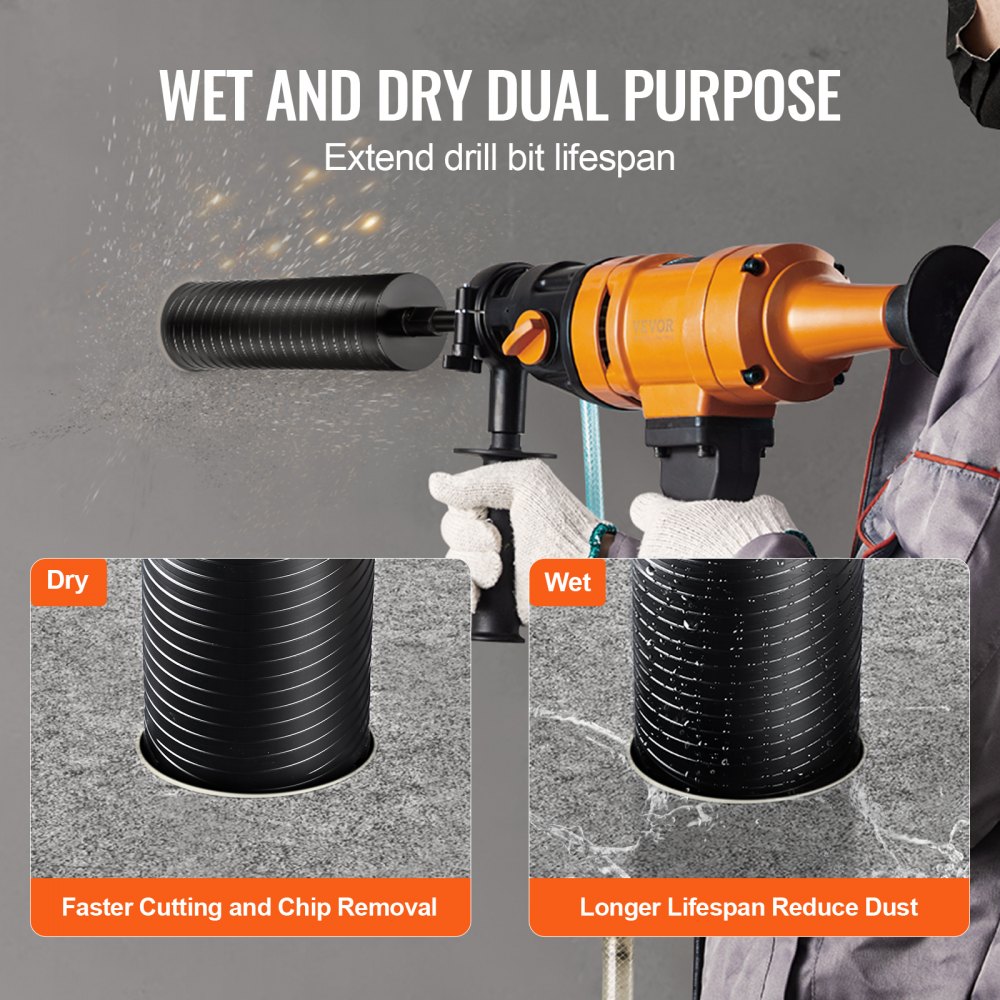 VEVOR diamond core drill bit in use for wet and dry dual purposes, showcasing cutting speed and lifespan.