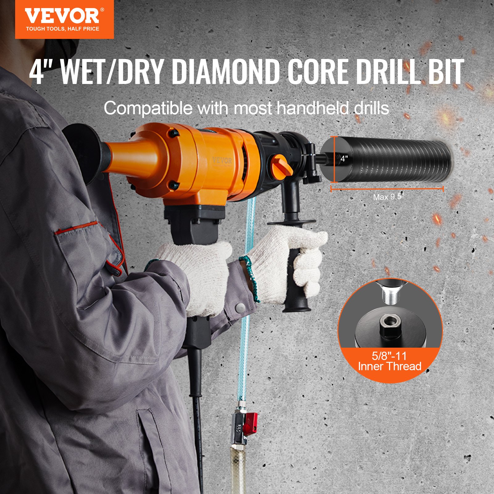 person operating VEVOR diamond core drill bit, compatible with handheld drills, 4&quot; diameter, 5/8&quot;-11 inner thread.