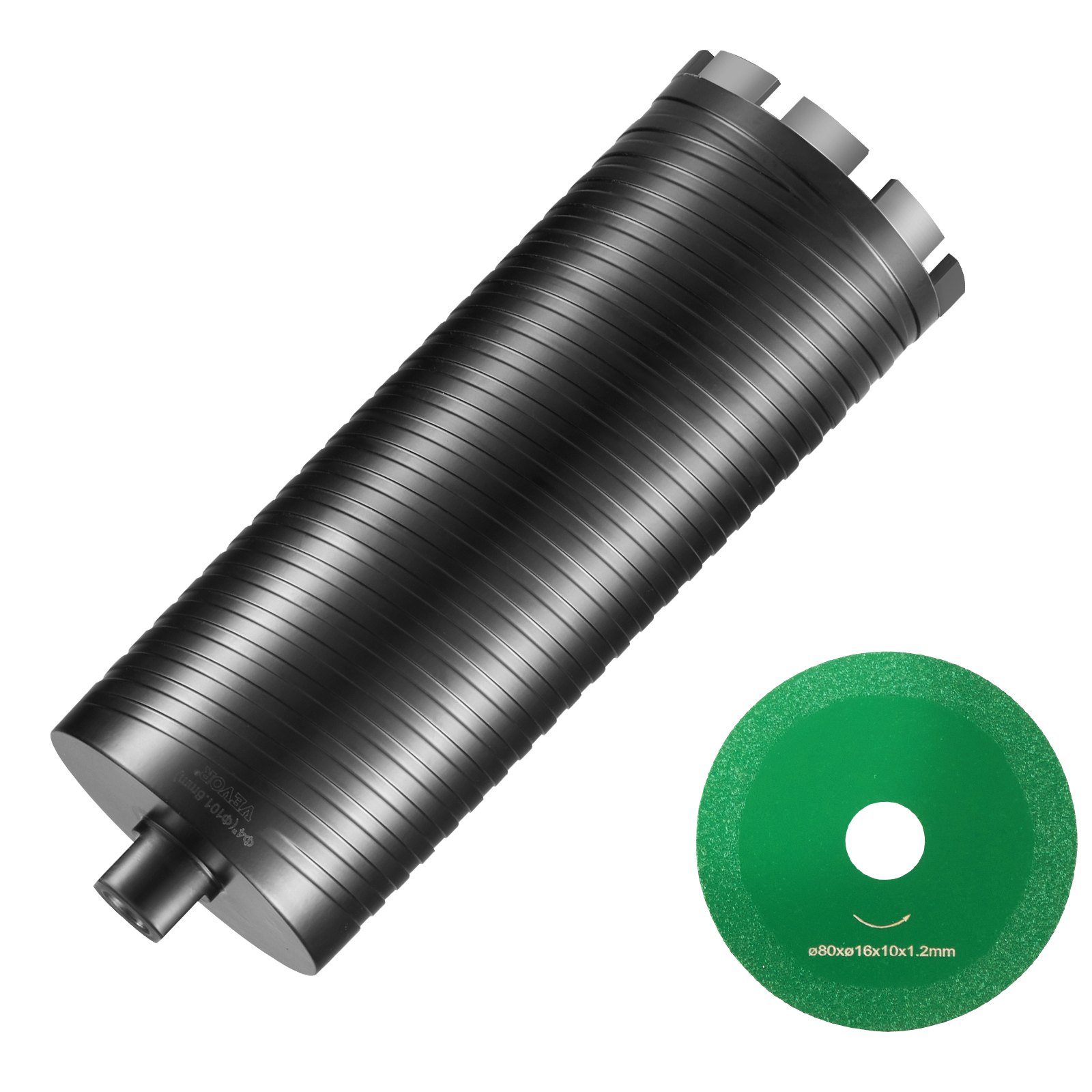 black VEVOR diamond core drill bit and green diamond blade, emphasizing durability and precision cutting.