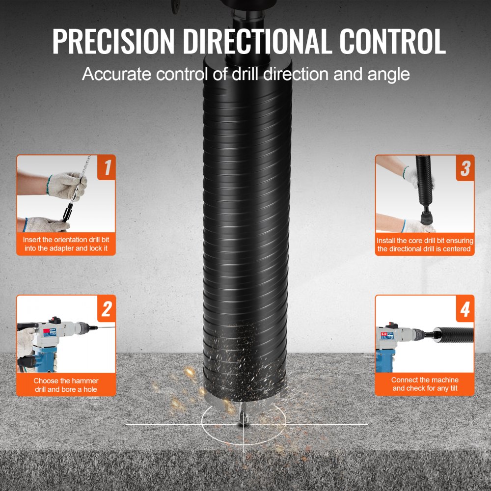 VEVOR core drill bit with precision directional control, installation steps and accurate angle adjustment.