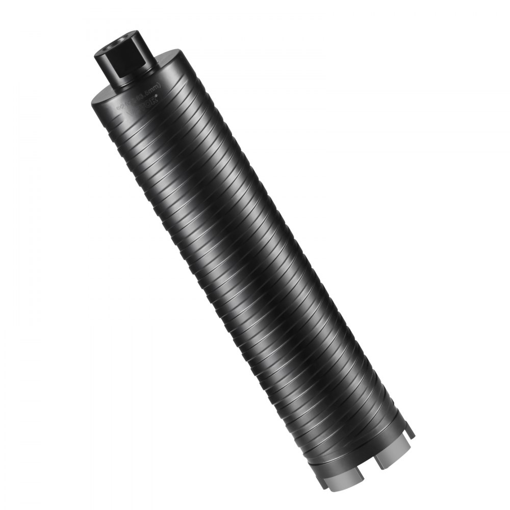 VEVOR core drill bit, black metal cylinder with reinforced segments, angled view.