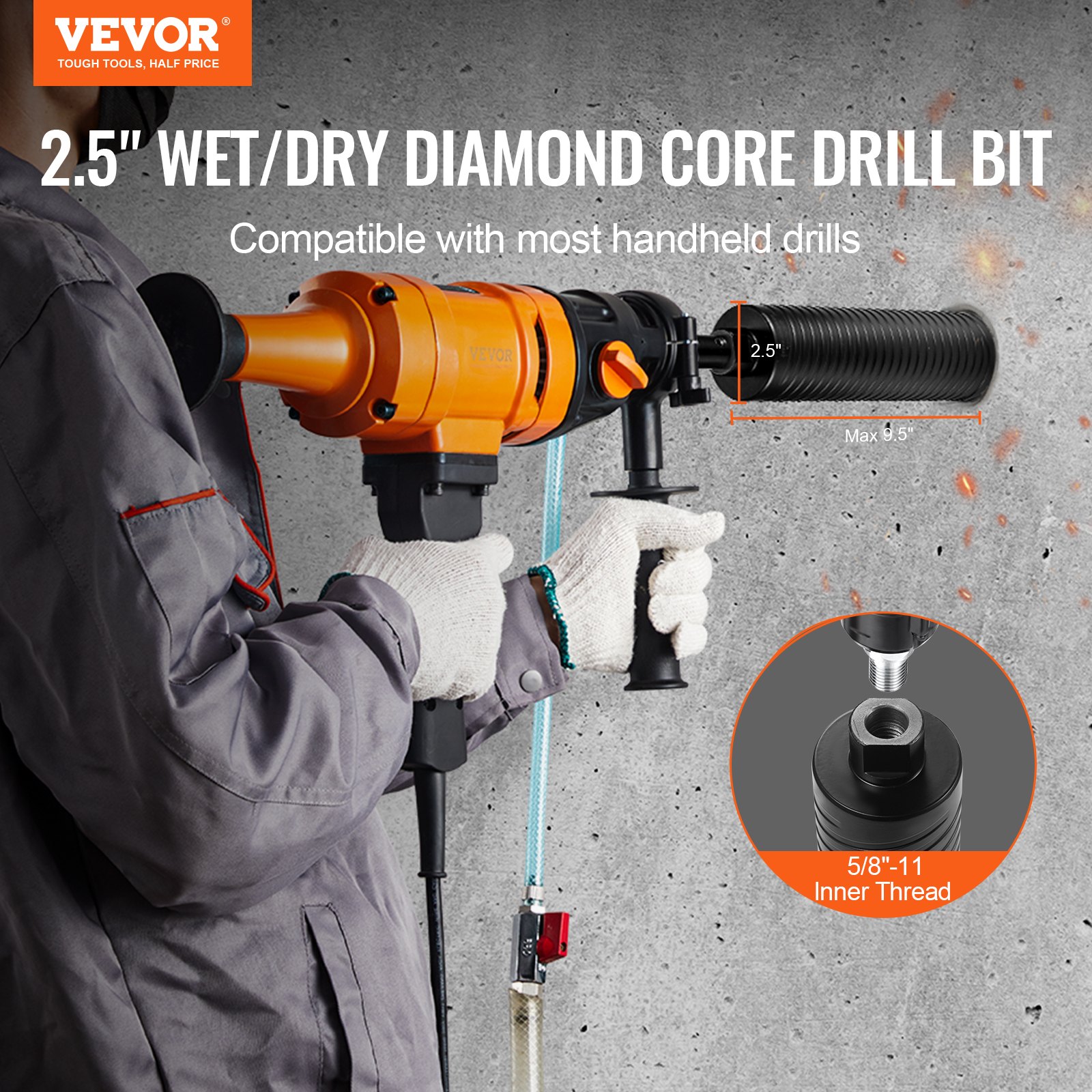 2.5 inch VEVOR core drill bit in use on concrete wall, with compatibility details highlighted.