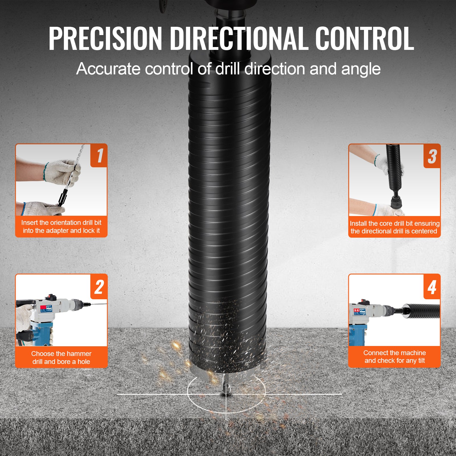 VEVOR core drill bit with precision directional control, installation steps and accurate angle adjustment.