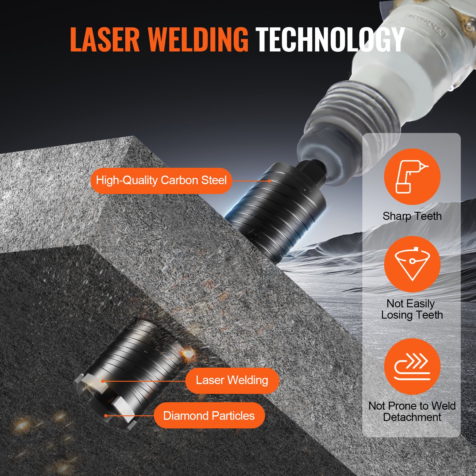 VEVOR core drill bit with laser welding technology, featuring high-quality carbon steel and diamond particles.