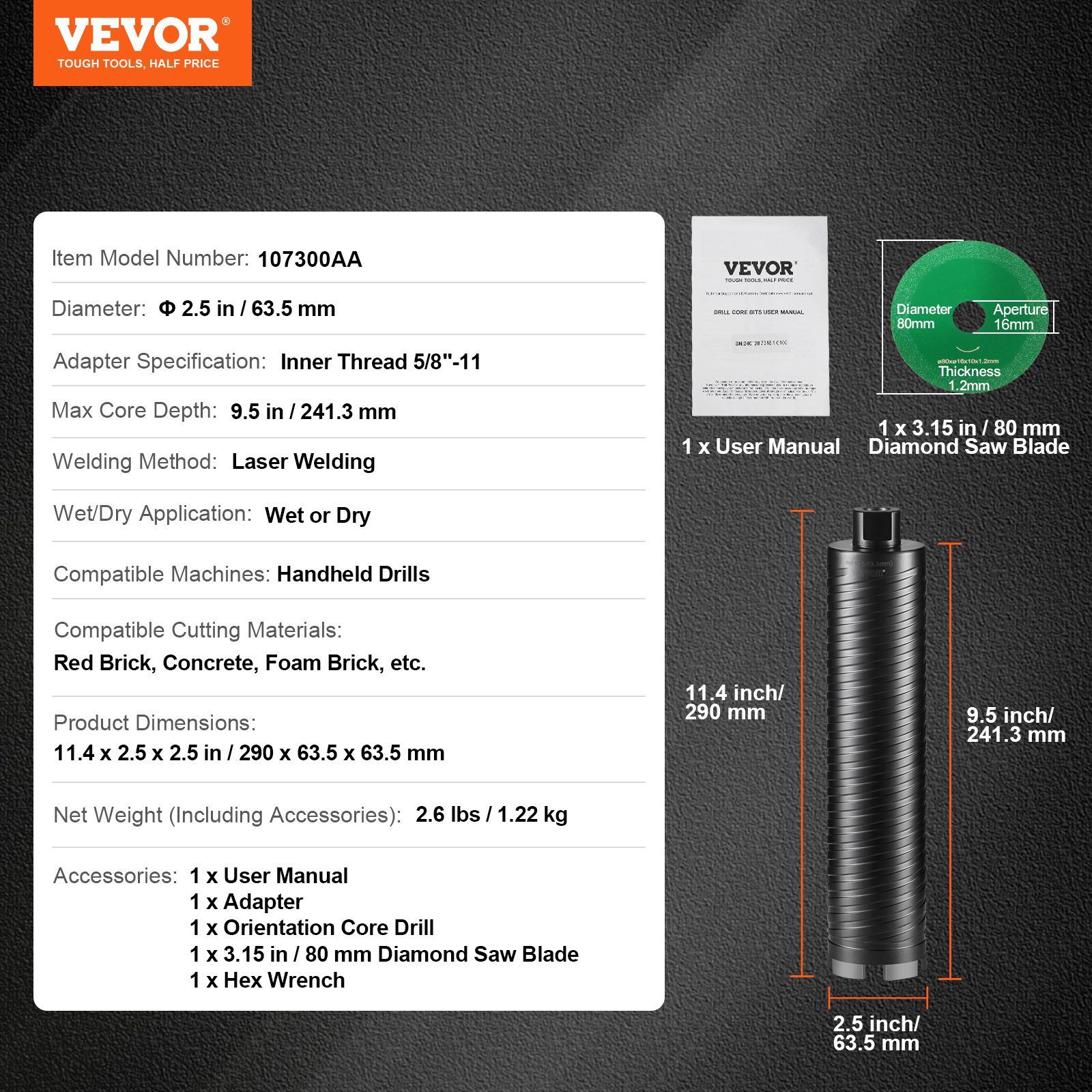 VEVOR core drill bit with user manual, 80mm diamond saw blade, specifications, and dimensions displayed.