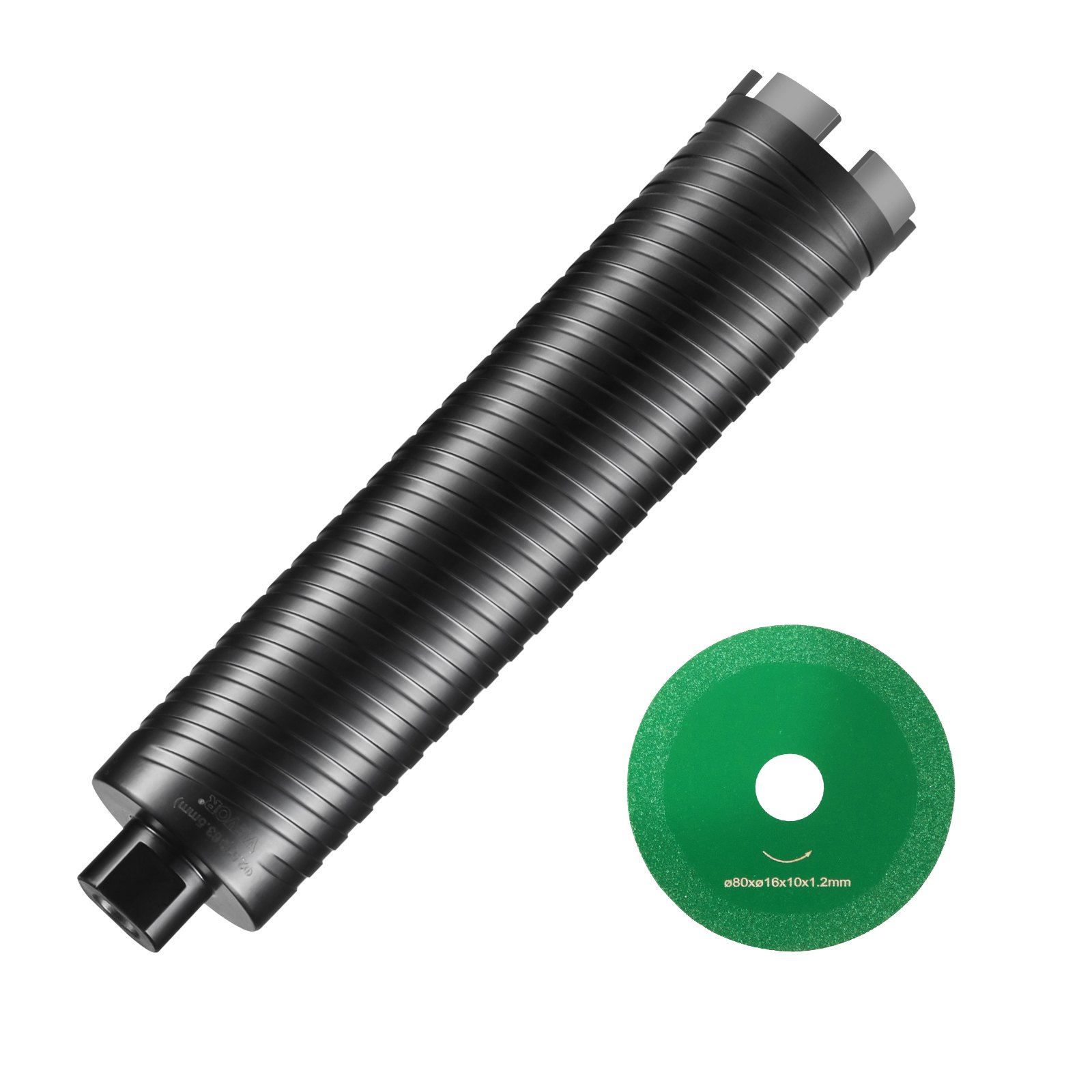 VEVOR core drill bit with black ribbed surface and green circular drill bit accessory.