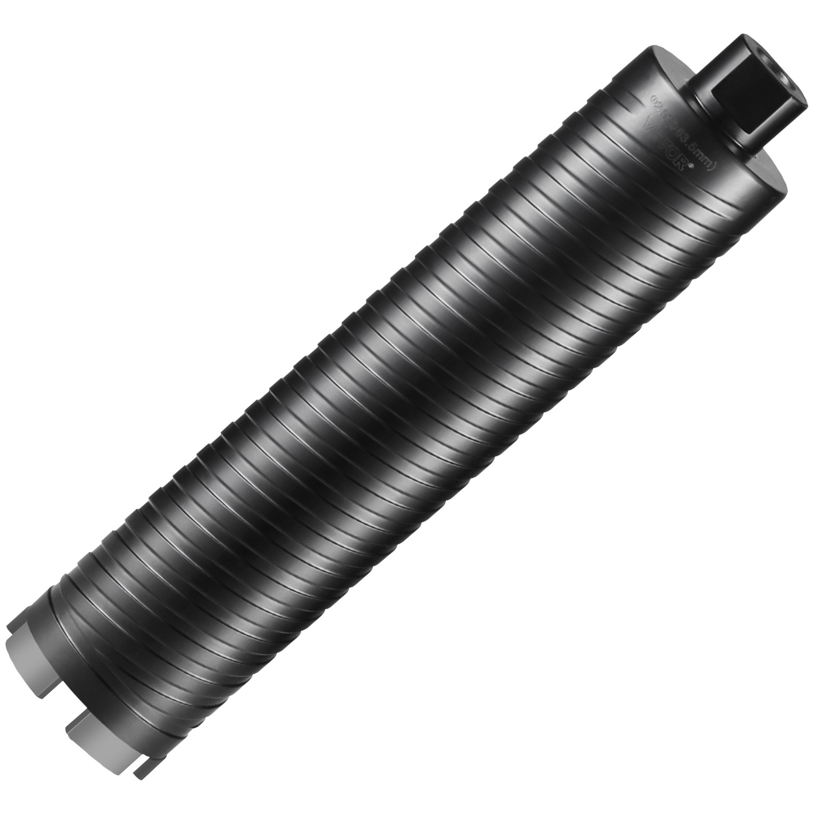black VEVOR core drill bit with grooved cylindrical design and flat top.