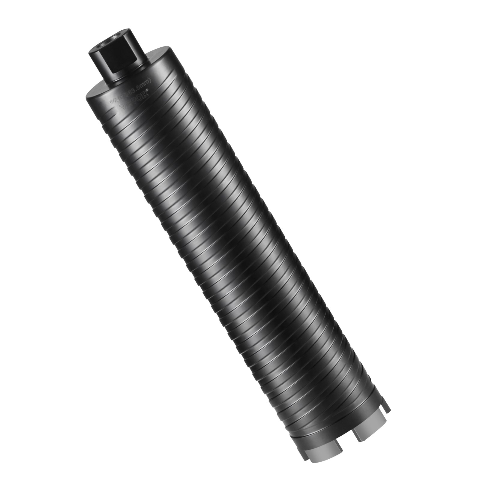 VEVOR core drill bit, black metal cylinder with reinforced segments, angled view.
